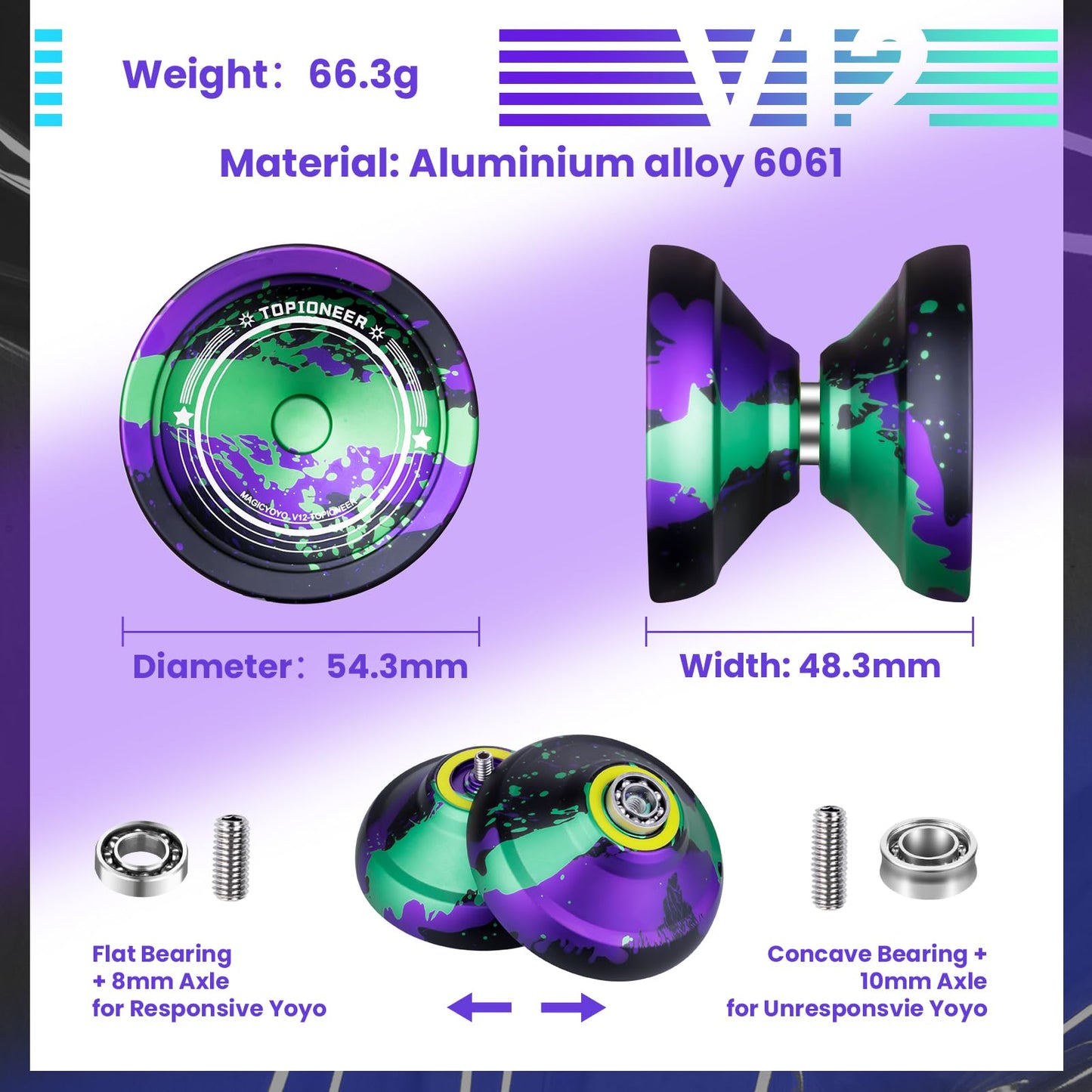 MAGICYOYO V12 Finger Spin Yoyo – Professional Metal Yo-Yo (Responsive/Unresponsive) with 12 Strings & Accessory Kit – Black Green Purple