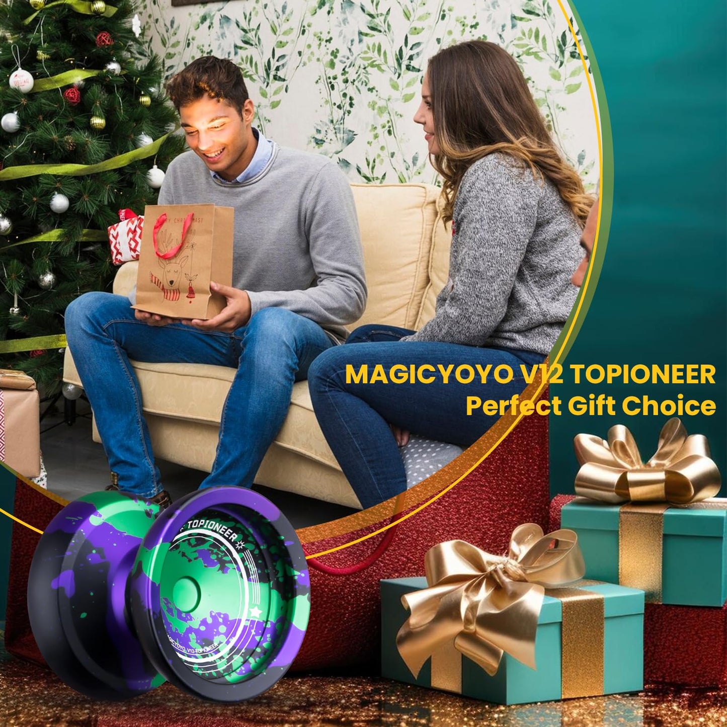 MAGICYOYO V12 Finger Spin Yoyo – Professional Metal Yo-Yo (Responsive/Unresponsive) with 12 Strings & Accessory Kit – Black Green Purple