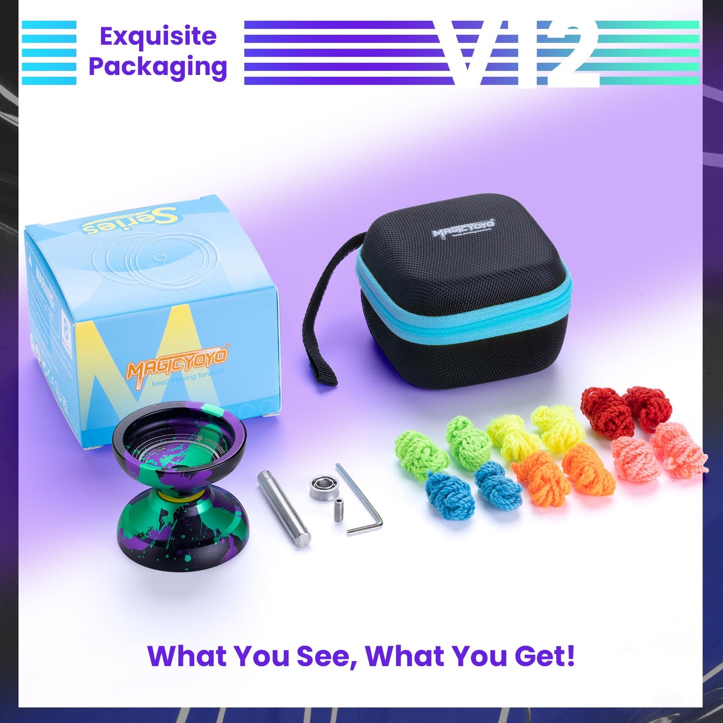 MAGICYOYO V12 Finger Spin Yoyo – Professional Metal Yo-Yo (Responsive/Unresponsive) with 12 Strings & Accessory Kit – Black Green Purple