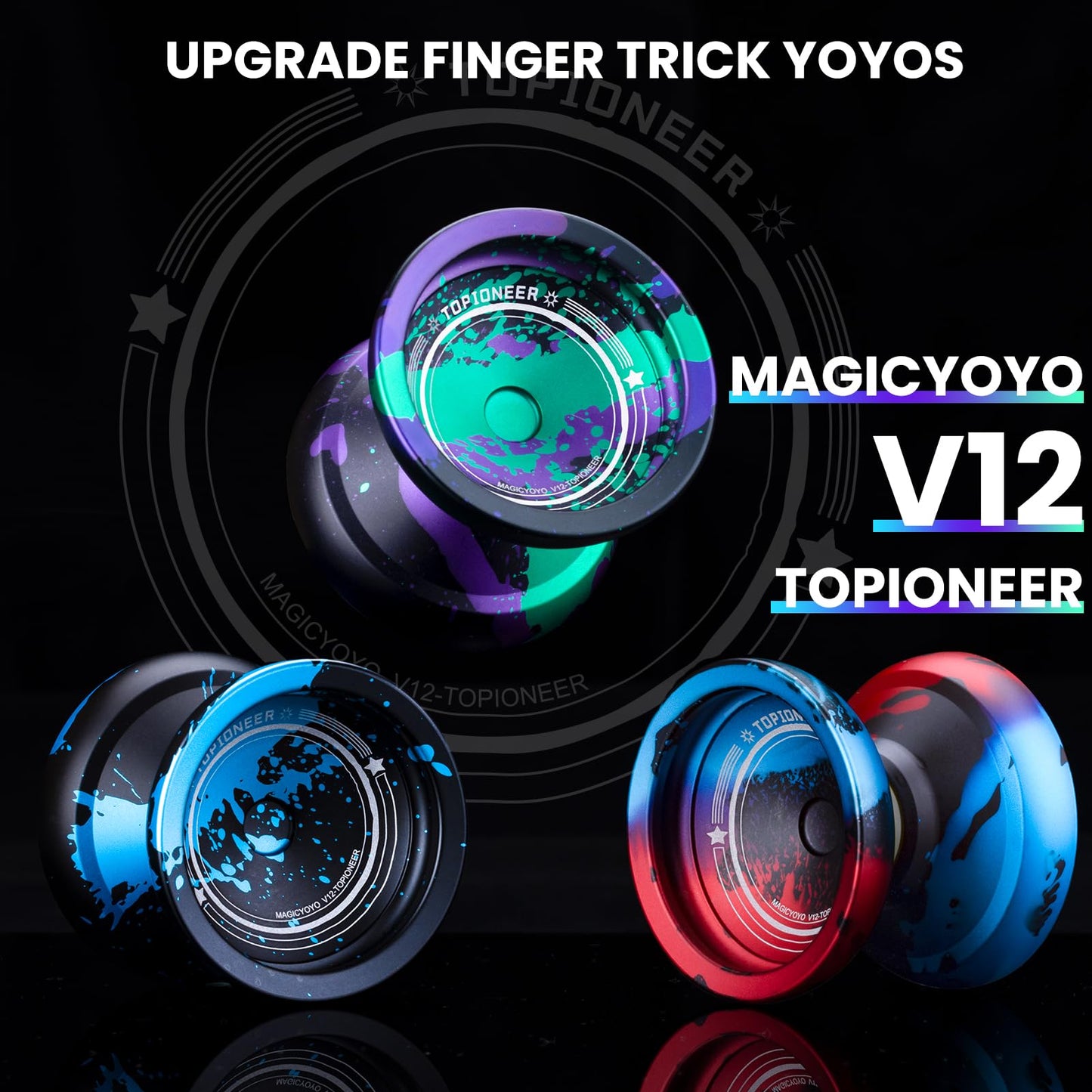 MAGICYOYO V12 Finger Spin Yoyo – Professional Metal Yo-Yo (Responsive/Unresponsive) with 12 Strings & Accessory Kit – Black Green Purple