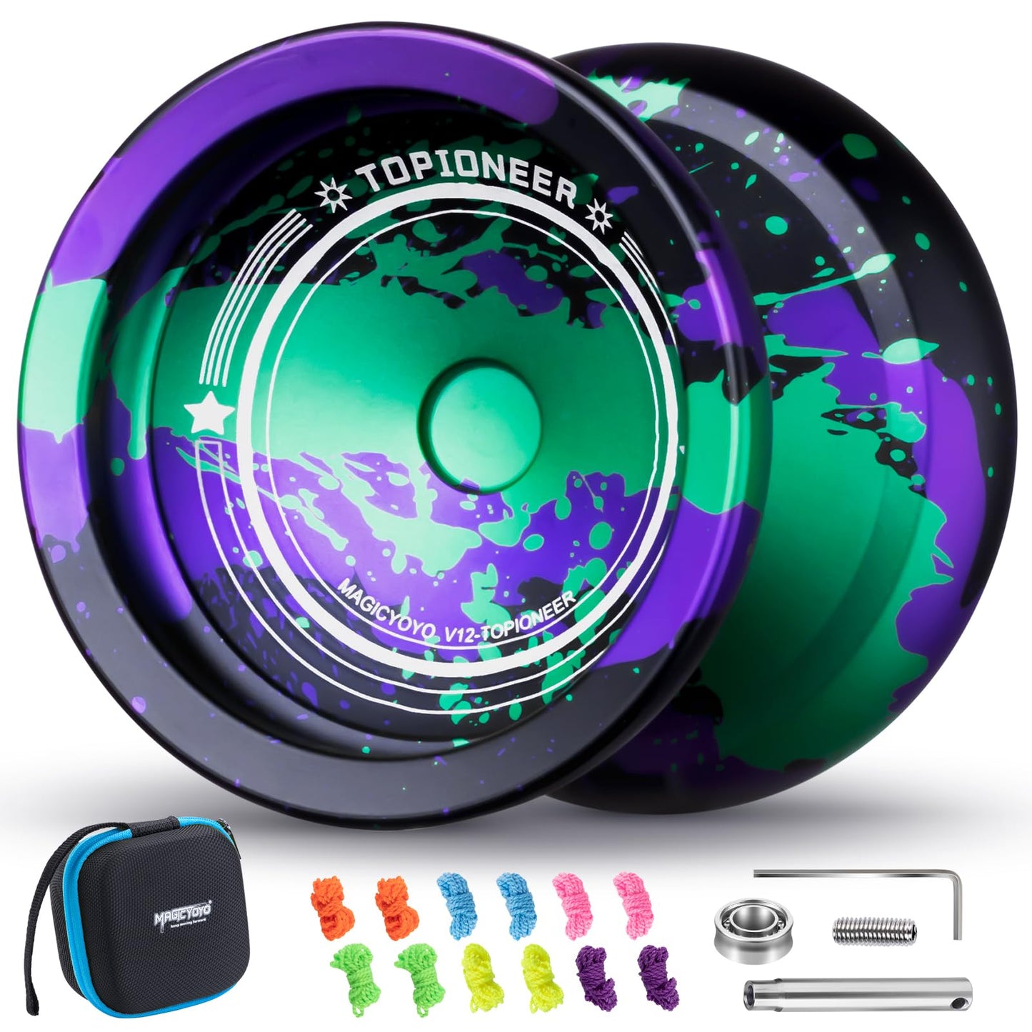 MAGICYOYO V12 Finger Spin Yoyo – Professional Metal Yo-Yo (Responsive/Unresponsive) with 12 Strings & Accessory Kit – Black Green Purple