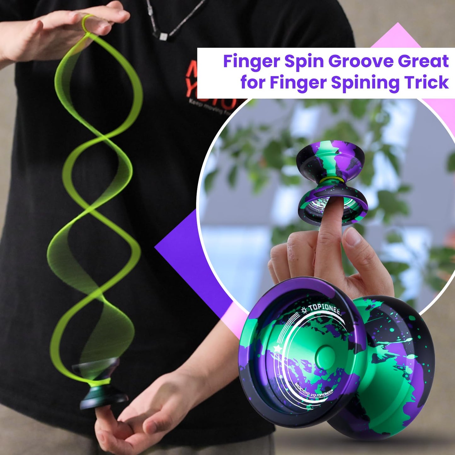 MAGICYOYO V12 Finger Spin Yoyo – Professional Metal Yo-Yo (Responsive/Unresponsive) with 12 Strings & Accessory Kit – Black Green Purple