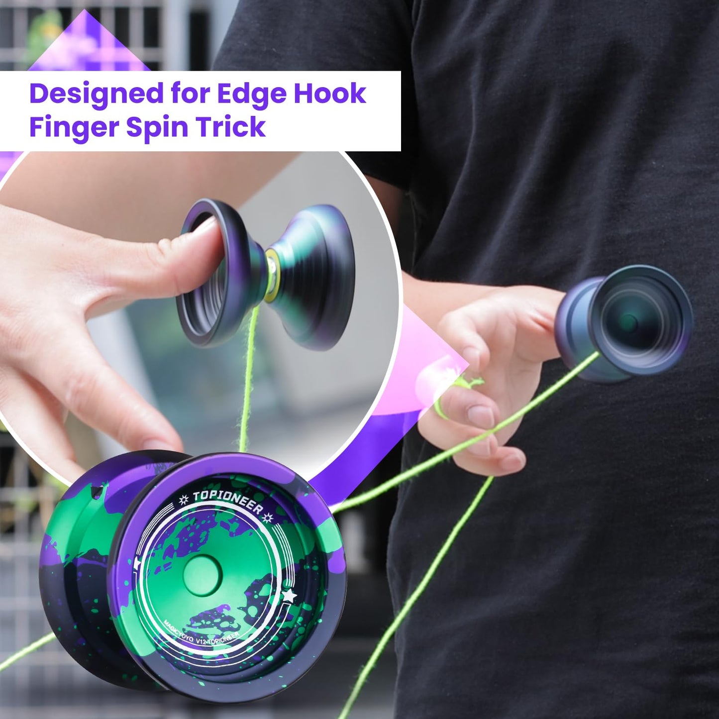 MAGICYOYO V12 Finger Spin Yoyo – Professional Metal Yo-Yo (Responsive/Unresponsive) with 12 Strings & Accessory Kit – Black Green Purple