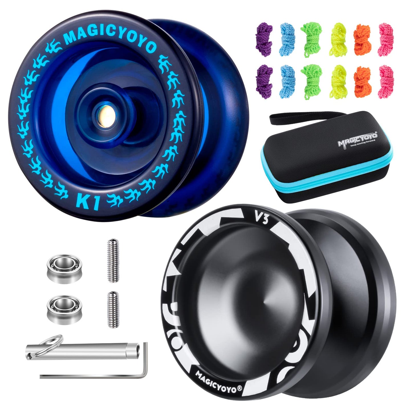 MAGICYOYO Responsive Yoyos for Kids: V3 Black + K1 Blue 2-Pack with Case & Accessories