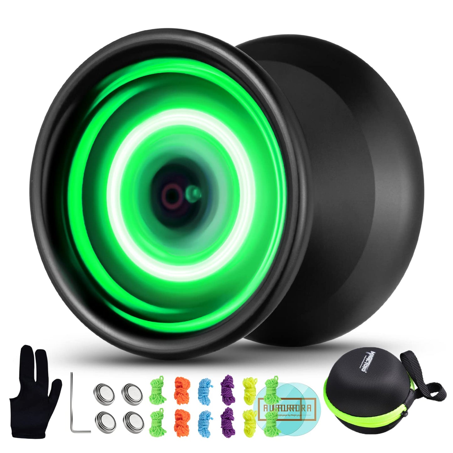 MagicYoyo Y02 Aurora Light Up Yoyo – Pro Unresponsive, Green LED, Includes Gloves, Bag & 12 Strings