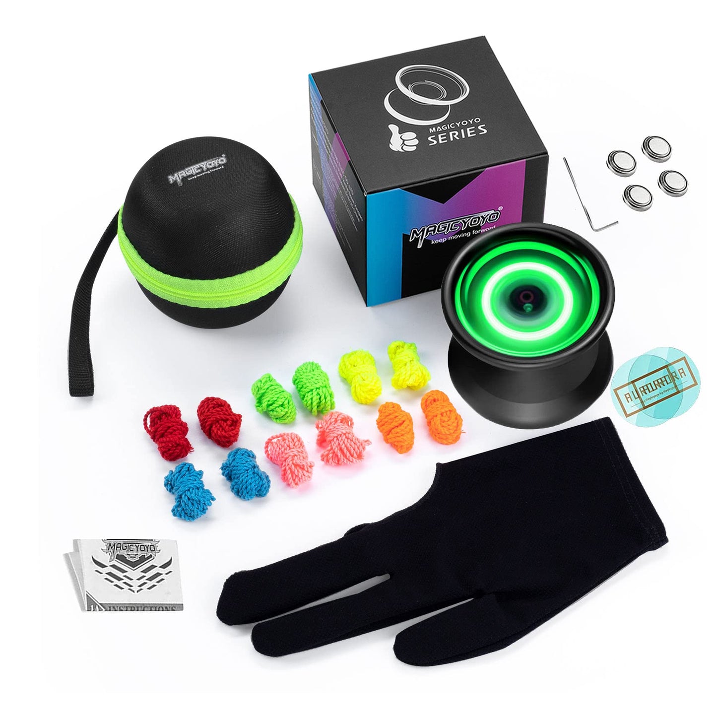 MagicYoyo Y02 Aurora Light Up Yoyo – Pro Unresponsive, Green LED, Includes Gloves, Bag & 12 Strings