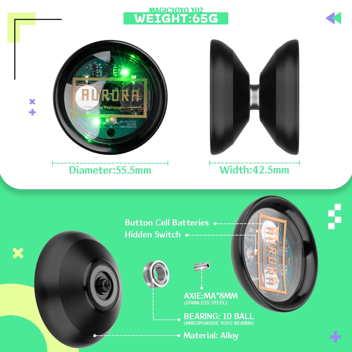 MagicYoyo Y02 Aurora Light Up Yoyo – Pro Unresponsive, Green LED, Includes Gloves, Bag & 12 Strings