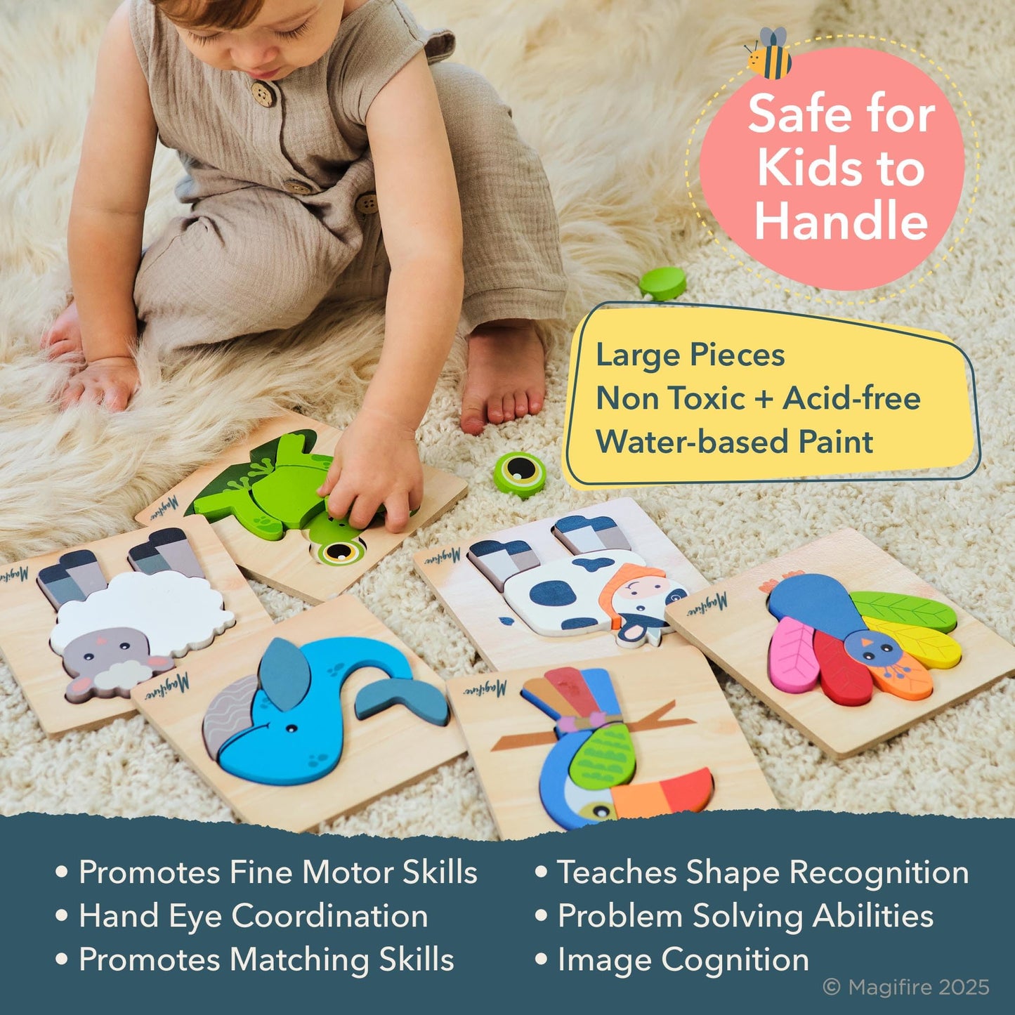 MAGIFIRE Wooden Puzzles Set of 6 for Toddlers – Chunky Pieces & Portable Bag