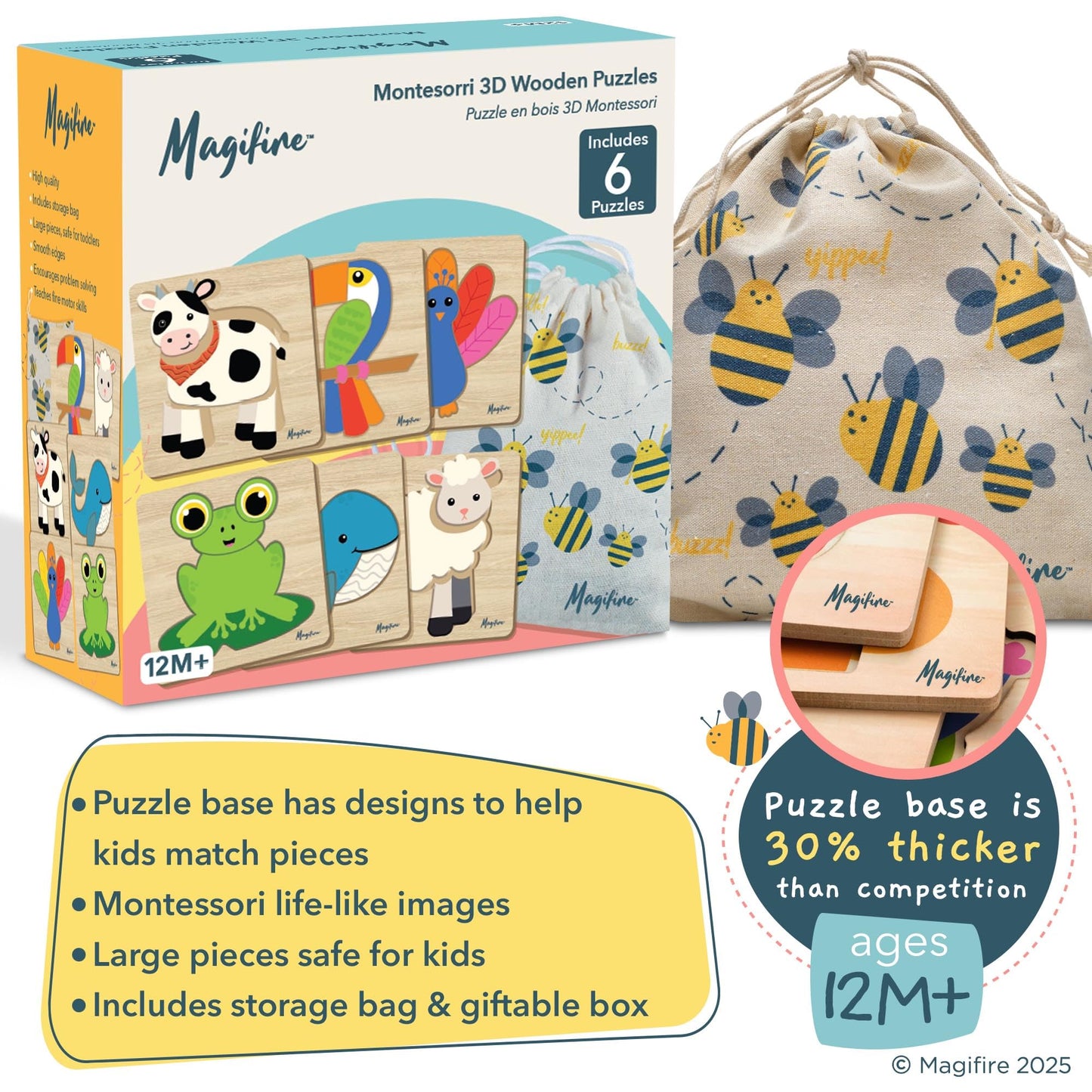 MAGIFIRE Wooden Puzzles Set of 6 for Toddlers – Chunky Pieces & Portable Bag