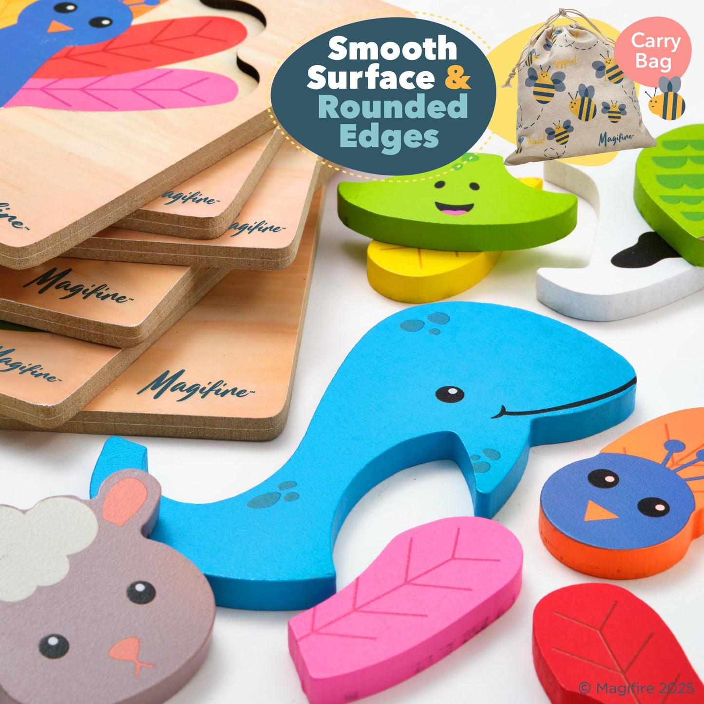 MAGIFIRE Wooden Puzzles Set of 6 for Toddlers – Chunky Pieces & Portable Bag