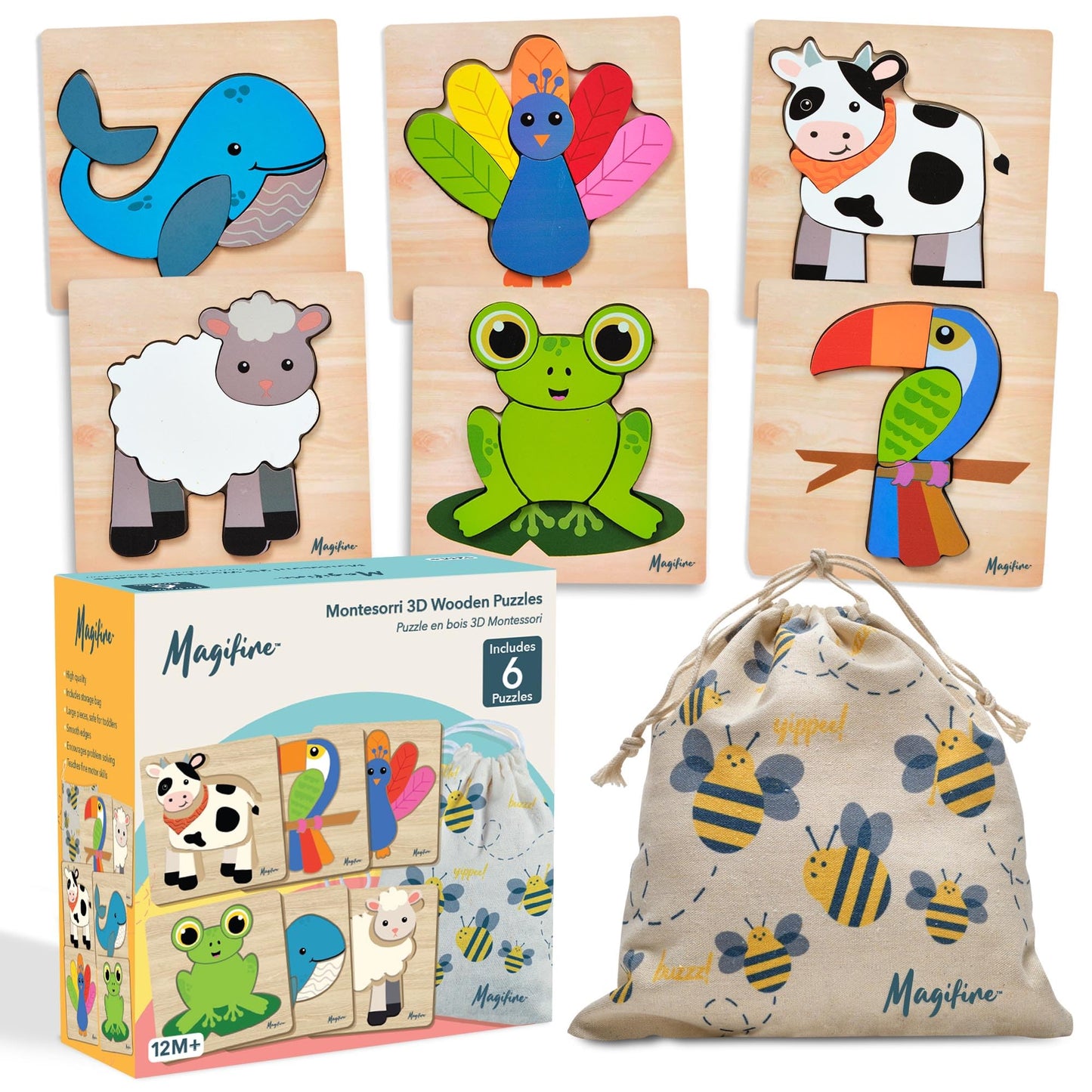MAGIFIRE Wooden Puzzles Set of 6 for Toddlers – Chunky Pieces & Portable Bag