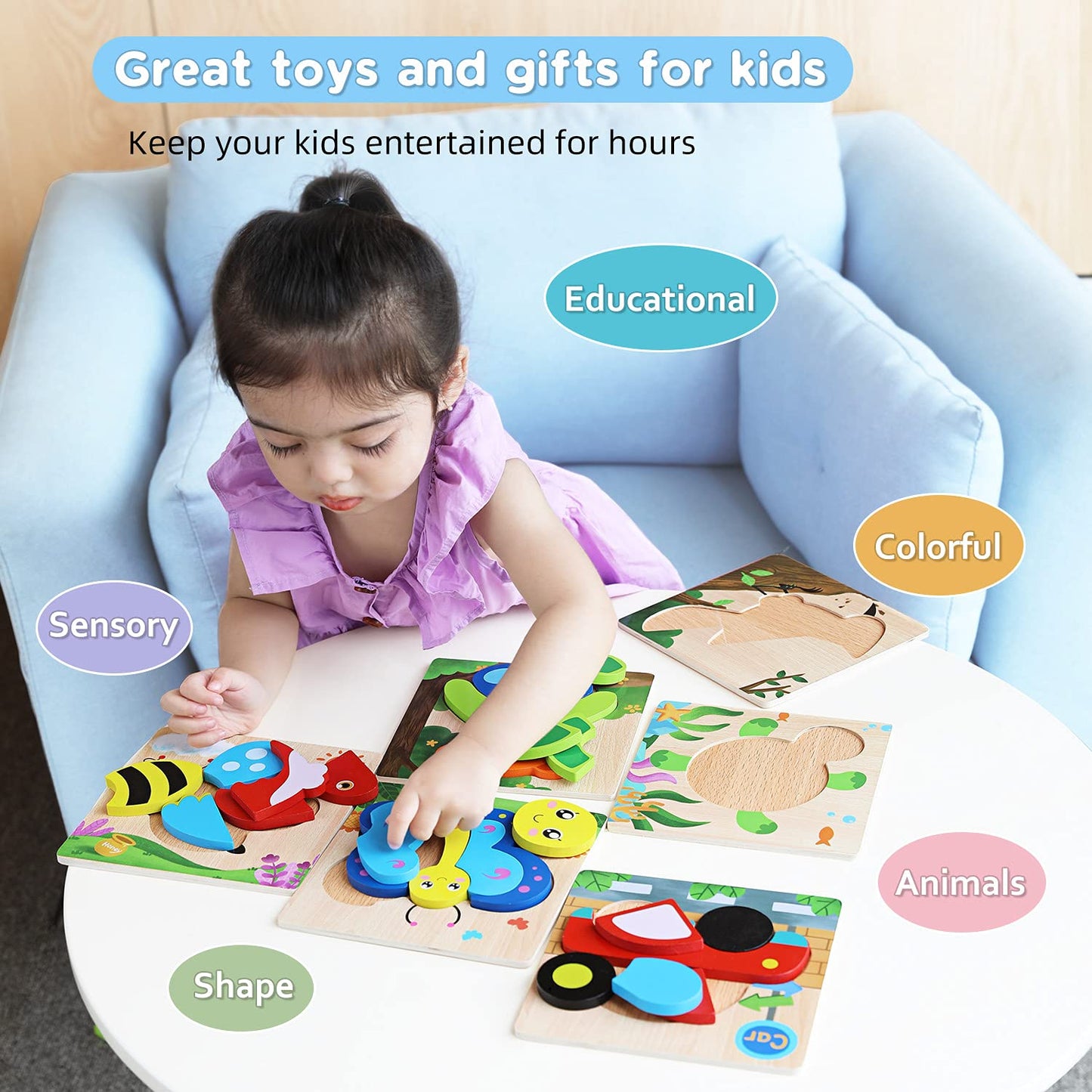 Magifire Wooden Puzzles – 6-Pack for Toddlers 1–3 with Chunky Pieces