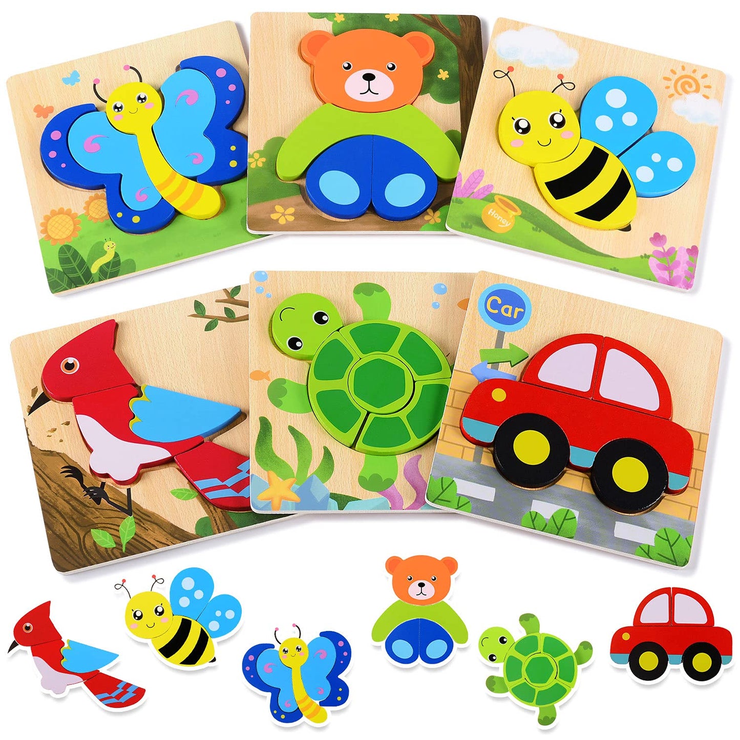 Magifire Wooden Puzzles – 6-Pack for Toddlers 1–3 with Chunky Pieces