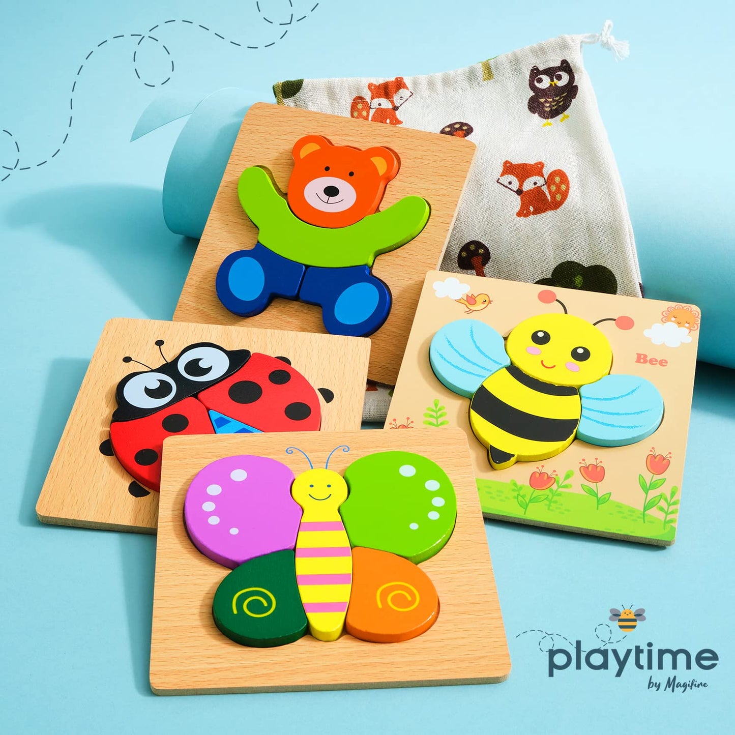 MAGIFIRE Wooden Puzzles – 4 Chunky Toddler Puzzles (Butterfly, Bee, Ladybug, Bear)