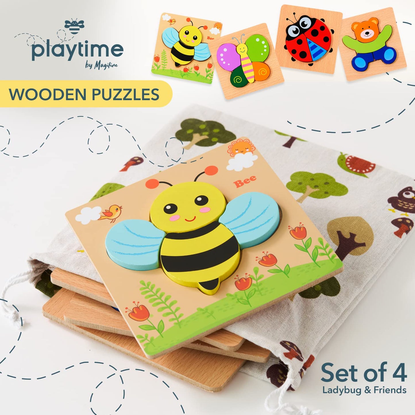 MAGIFIRE Wooden Puzzles – 4 Chunky Toddler Puzzles (Butterfly, Bee, Ladybug, Bear)