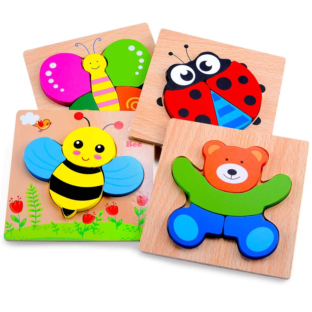 MAGIFIRE Wooden Puzzles – 4 Chunky Toddler Puzzles (Butterfly, Bee, Ladybug, Bear)