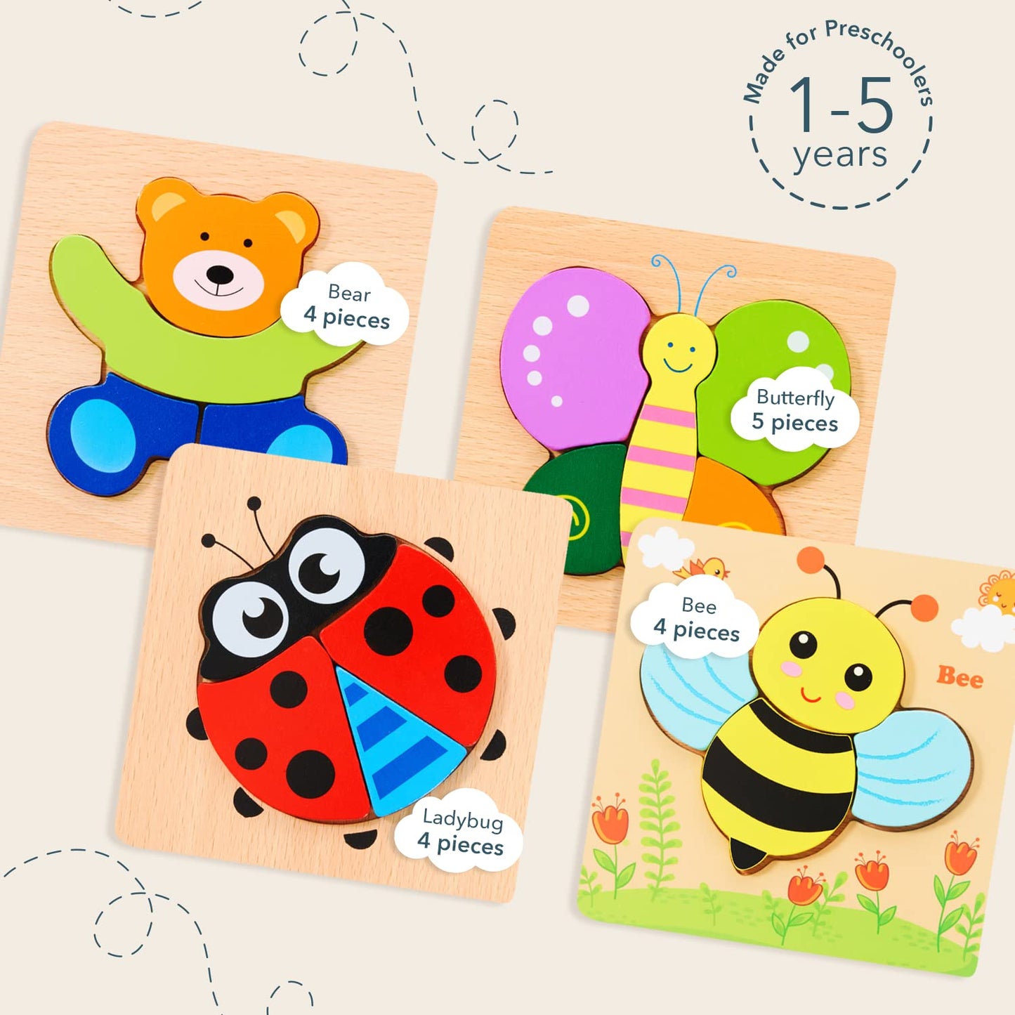 MAGIFIRE Wooden Puzzles – 4 Chunky Toddler Puzzles (Butterfly, Bee, Ladybug, Bear)