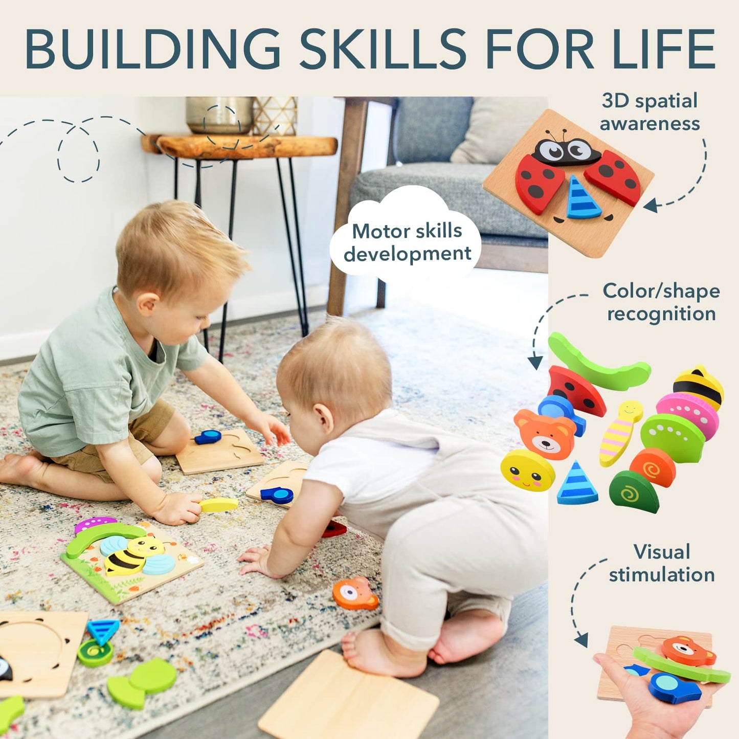 MAGIFIRE Wooden Puzzles – 4 Chunky Toddler Puzzles (Butterfly, Bee, Ladybug, Bear)