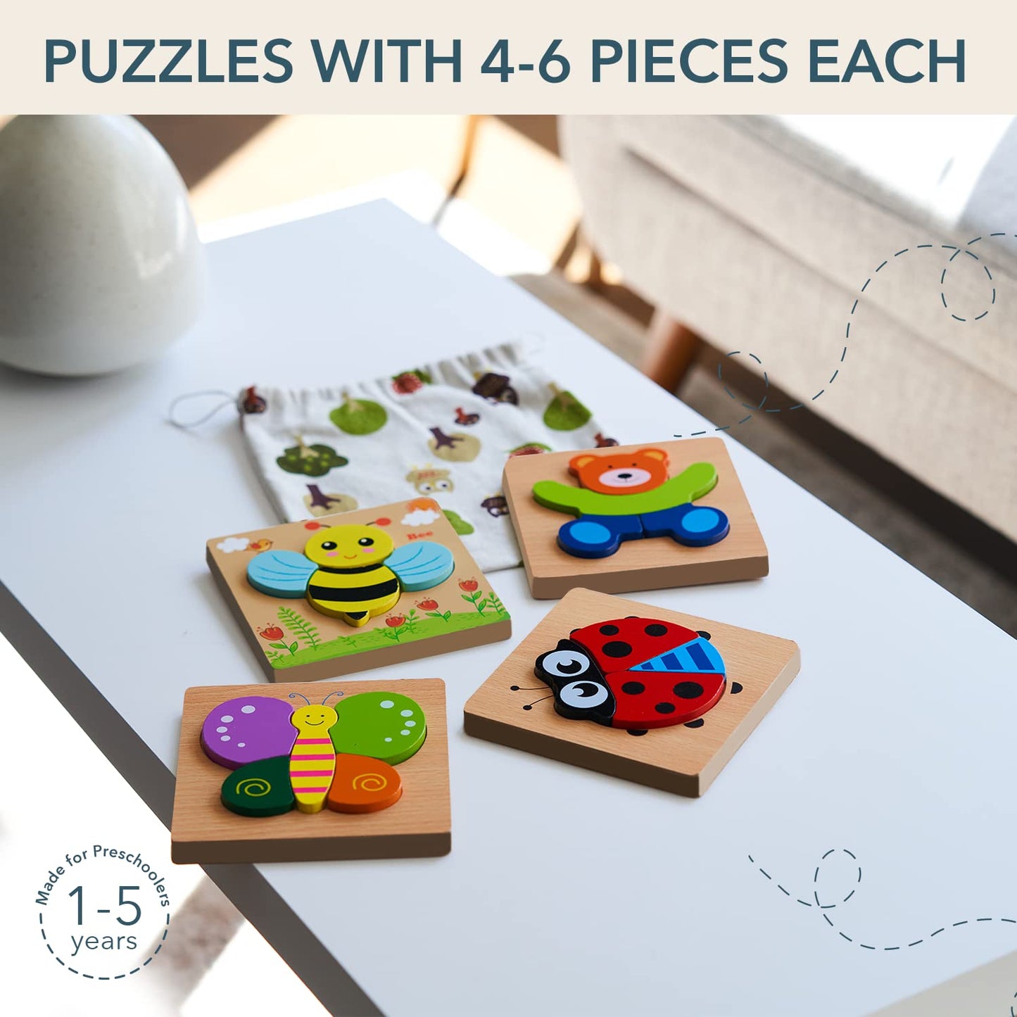 MAGIFIRE Wooden Puzzles – 4 Chunky Toddler Puzzles (Butterfly, Bee, Ladybug, Bear)