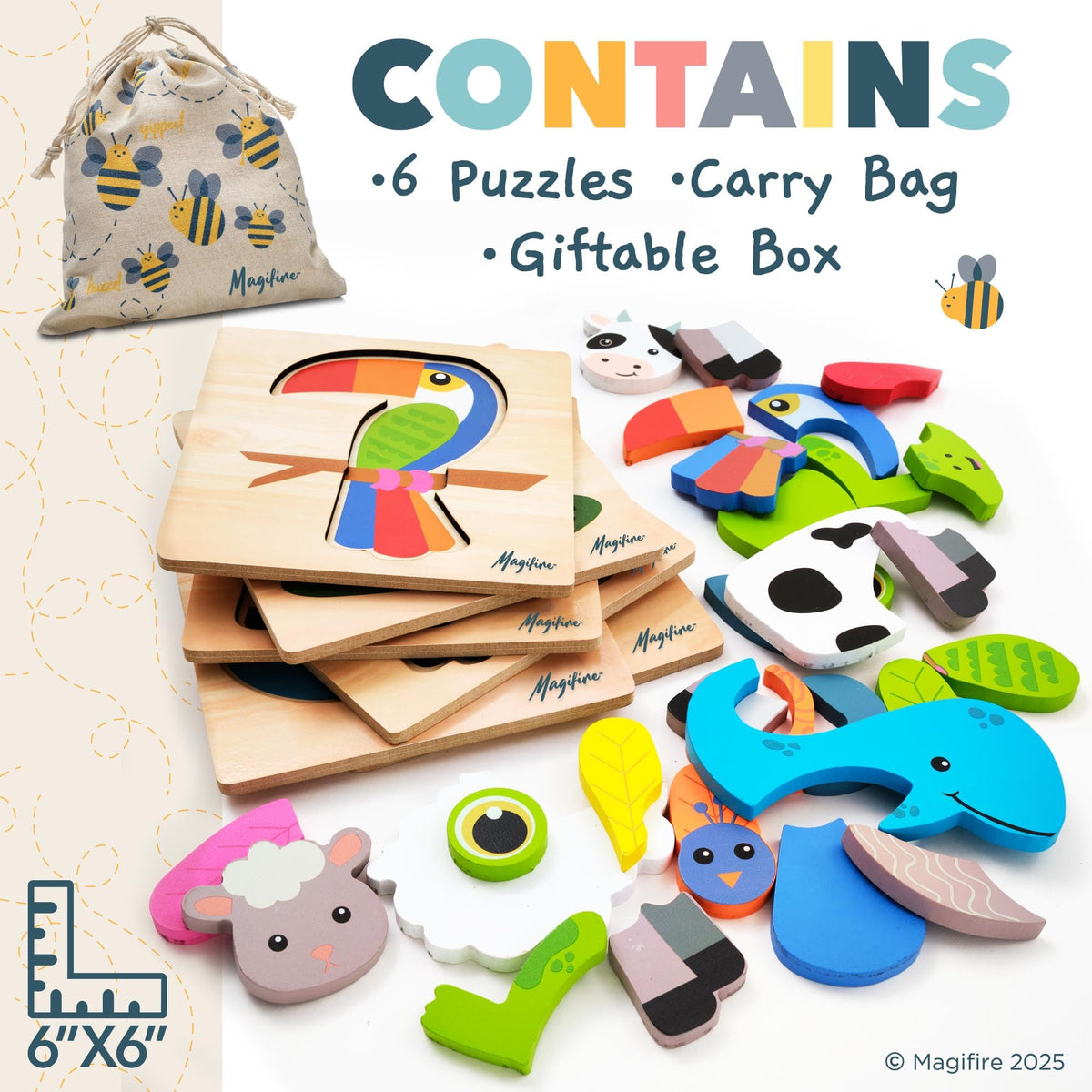 MAGIFIRE Wooden Puzzles Set of 6 for Toddlers – Chunky Pieces & Portable Bag