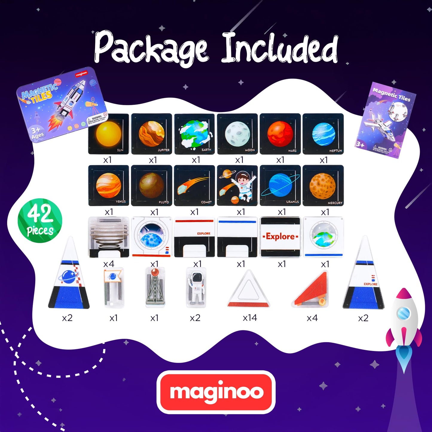 Maginoo 42PCS Mini Magnetic Tiles Space Rocket Travel Set – STEM Building Blocks for Kids 3–8