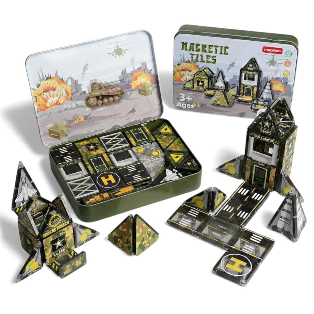 Maginoo 42PCS Mini Magnetic Tiles Army Base Travel Set | STEM Military Building Blocks for Kids 3-8