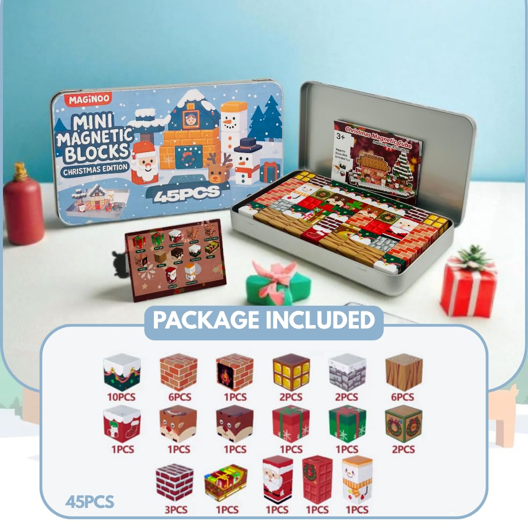 Maginoo 45PCS Mini Magnetic Blocks Christmas Set – STEM Building Toys for Kids 3–8