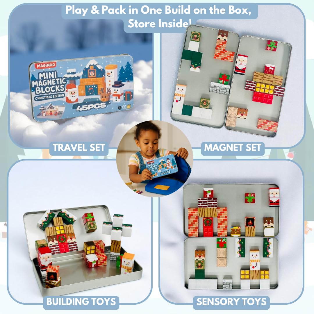 Maginoo 45PCS Mini Magnetic Blocks Christmas Set – STEM Building Toys for Kids 3–8