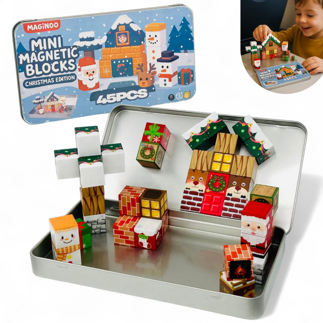 Maginoo 45PCS Mini Magnetic Blocks Christmas Set – STEM Building Toys for Kids 3–8