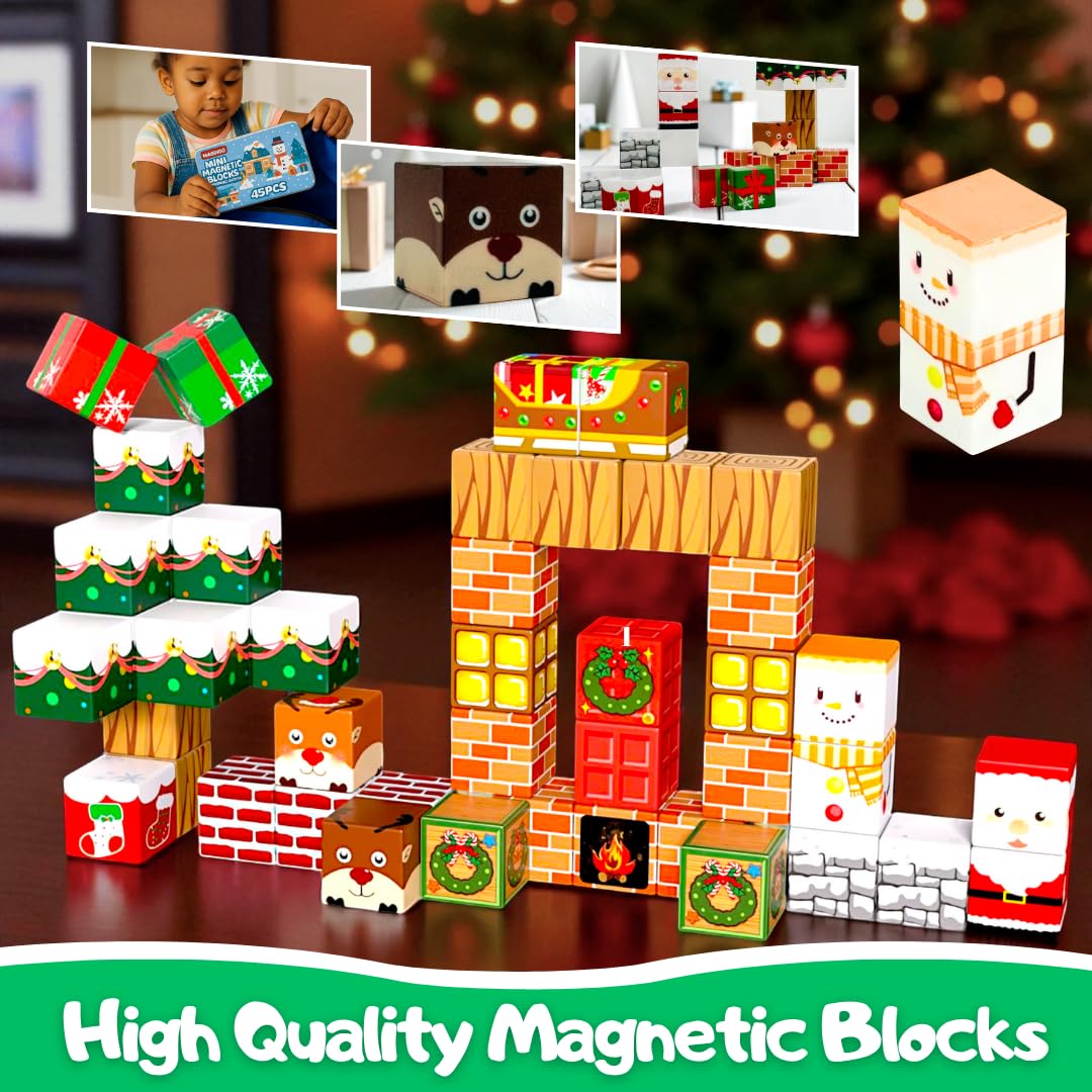 Maginoo 45PCS Mini Magnetic Blocks Christmas Set – STEM Building Toys for Kids 3–8