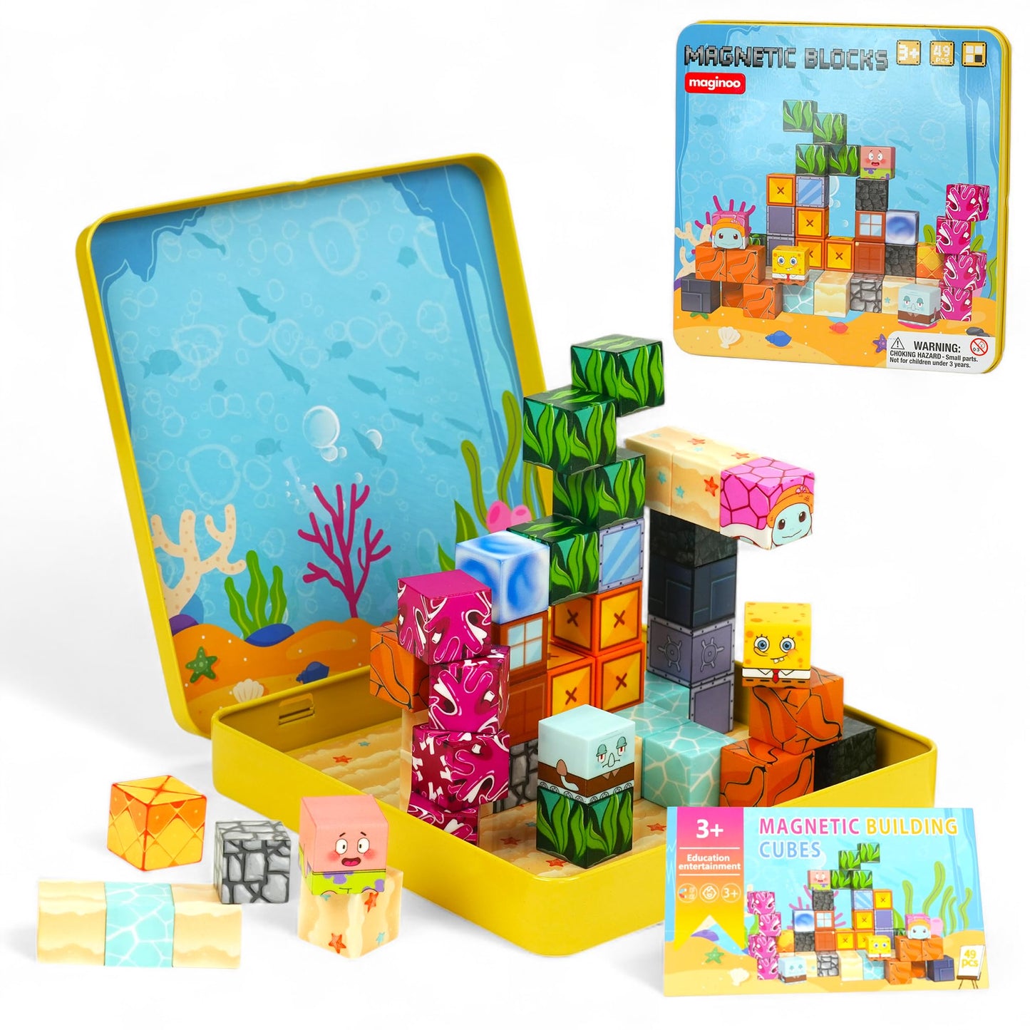 Maginoo 49PCS Mini Magnetic Blocks Ocean Theme – Sea Life STEM Building Cubes for Kids 3–8