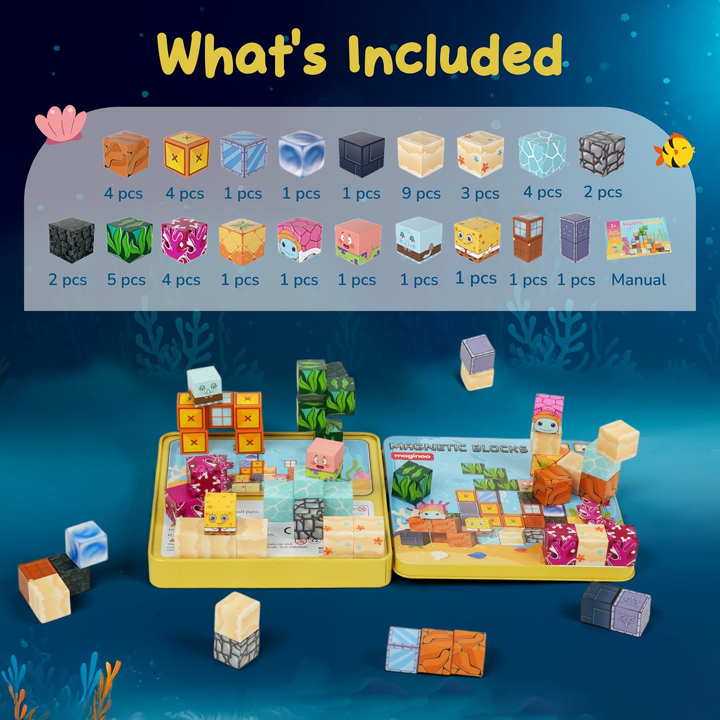 Maginoo 49PCS Mini Magnetic Blocks Ocean Theme – Sea Life STEM Building Cubes for Kids 3–8