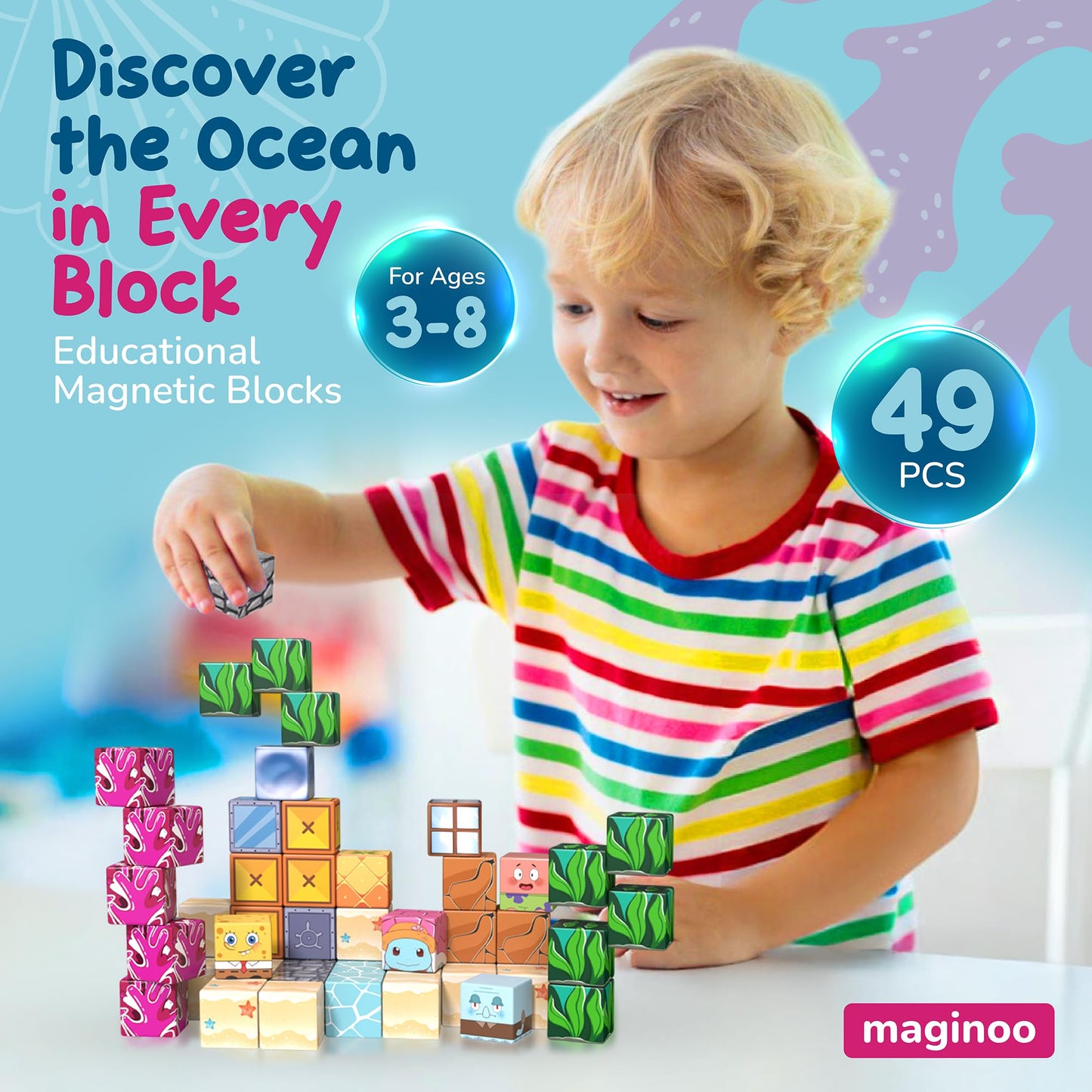 Maginoo 49PCS Mini Magnetic Blocks Ocean Theme – Sea Life STEM Building Cubes for Kids 3–8