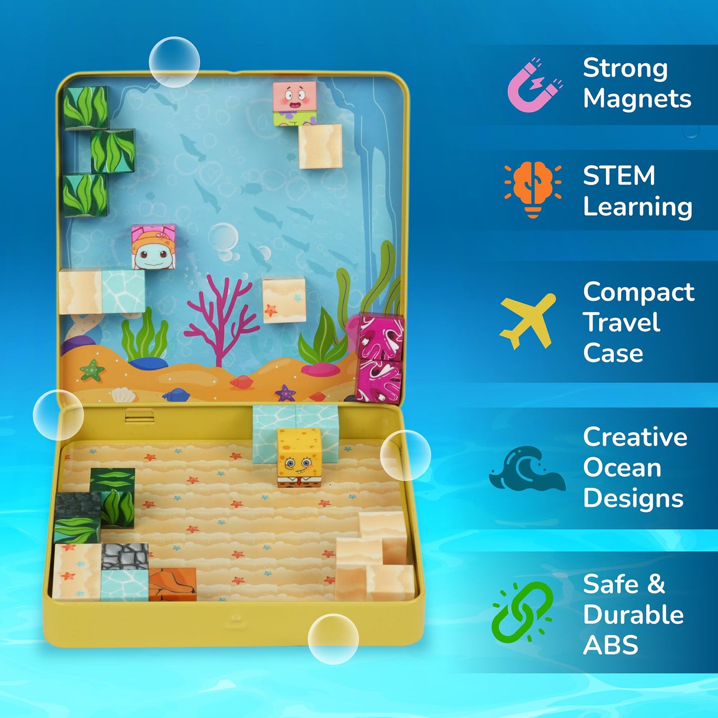Maginoo 49PCS Mini Magnetic Blocks Ocean Theme – Sea Life STEM Building Cubes for Kids 3–8