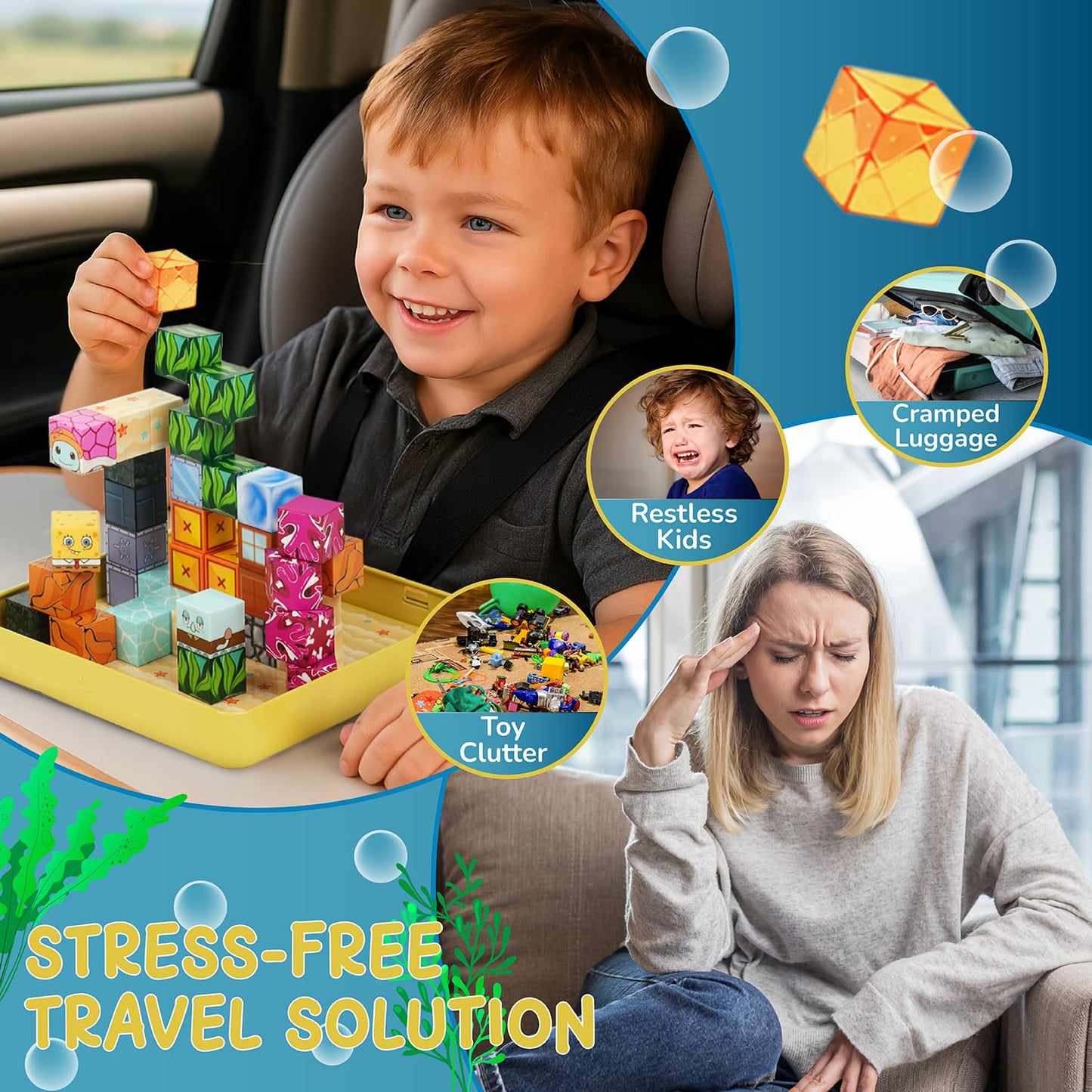 Maginoo 49PCS Mini Magnetic Blocks Ocean Theme – Sea Life STEM Building Cubes for Kids 3–8