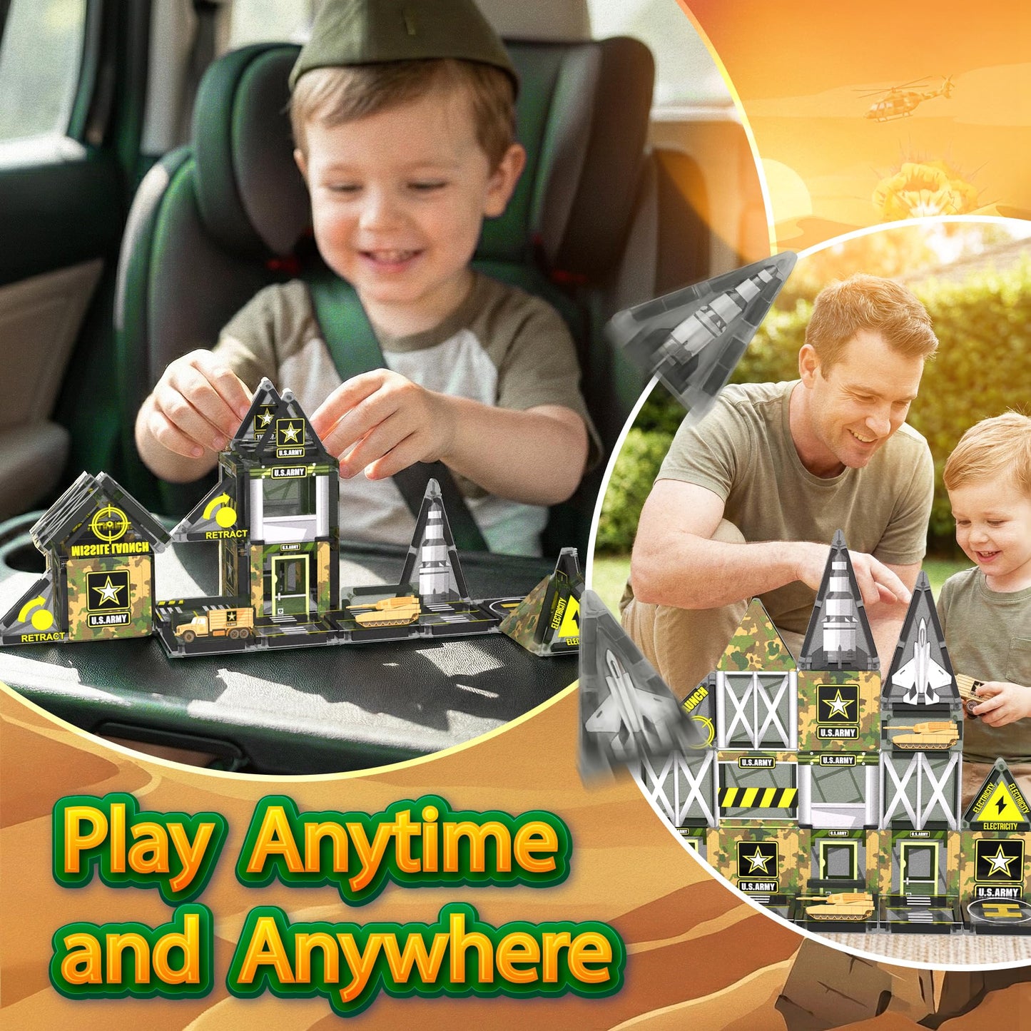 Maginoo 42PCS Mini Magnetic Tiles Army Base Travel Set | STEM Military Building Blocks for Kids 3-8