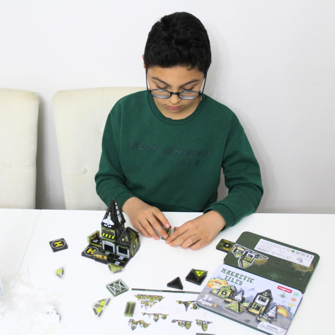 Maginoo 42PCS Mini Magnetic Tiles Army Base Travel Set | STEM Military Building Blocks for Kids 3-8