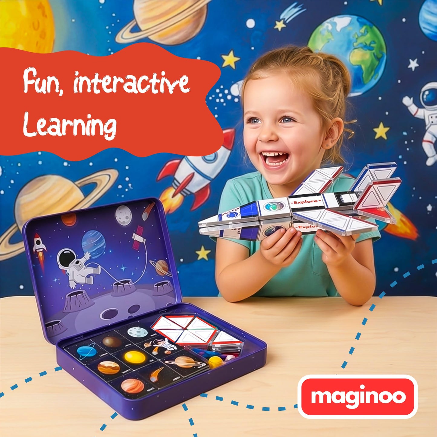Maginoo 42PCS Mini Magnetic Tiles Space Rocket Travel Set – STEM Building Blocks for Kids 3–8