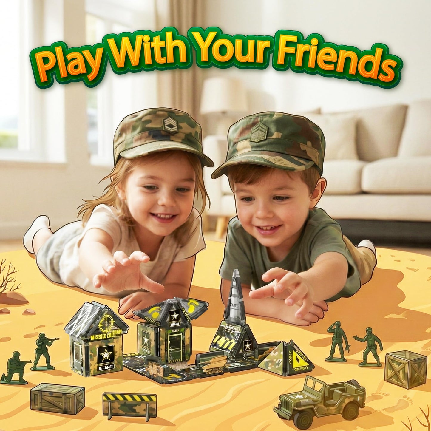 Maginoo 42PCS Mini Magnetic Tiles Army Base Travel Set | STEM Military Building Blocks for Kids 3-8