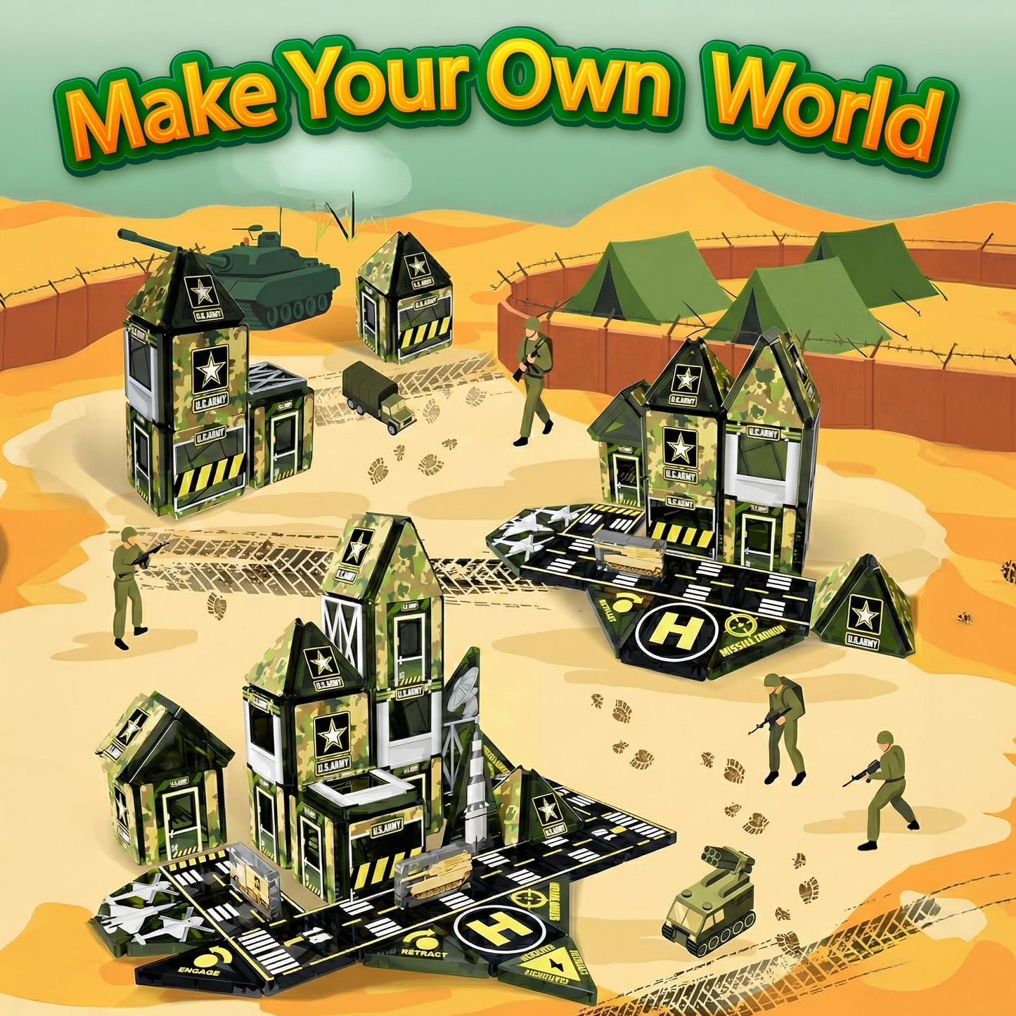 Maginoo 42PCS Mini Magnetic Tiles Army Base Travel Set | STEM Military Building Blocks for Kids 3-8