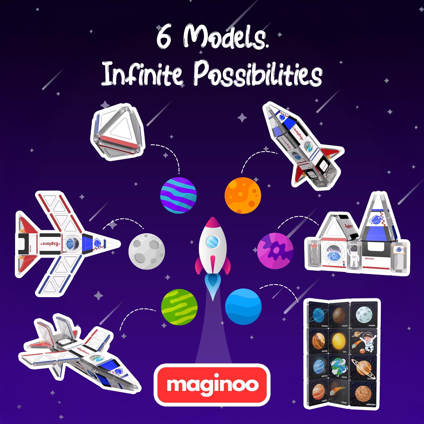 Maginoo 42PCS Mini Magnetic Tiles Space Rocket Travel Set – STEM Building Blocks for Kids 3–8