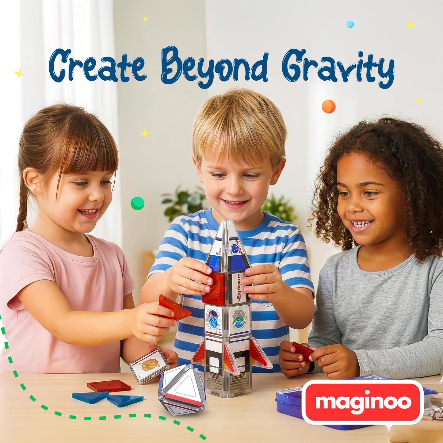 Maginoo 42PCS Mini Magnetic Tiles Space Rocket Travel Set – STEM Building Blocks for Kids 3–8