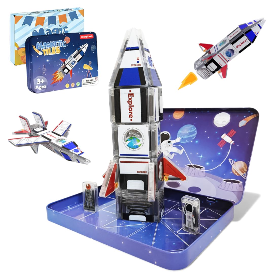 Maginoo 42PCS Mini Magnetic Tiles Space Rocket Travel Set – STEM Building Blocks for Kids 3–8