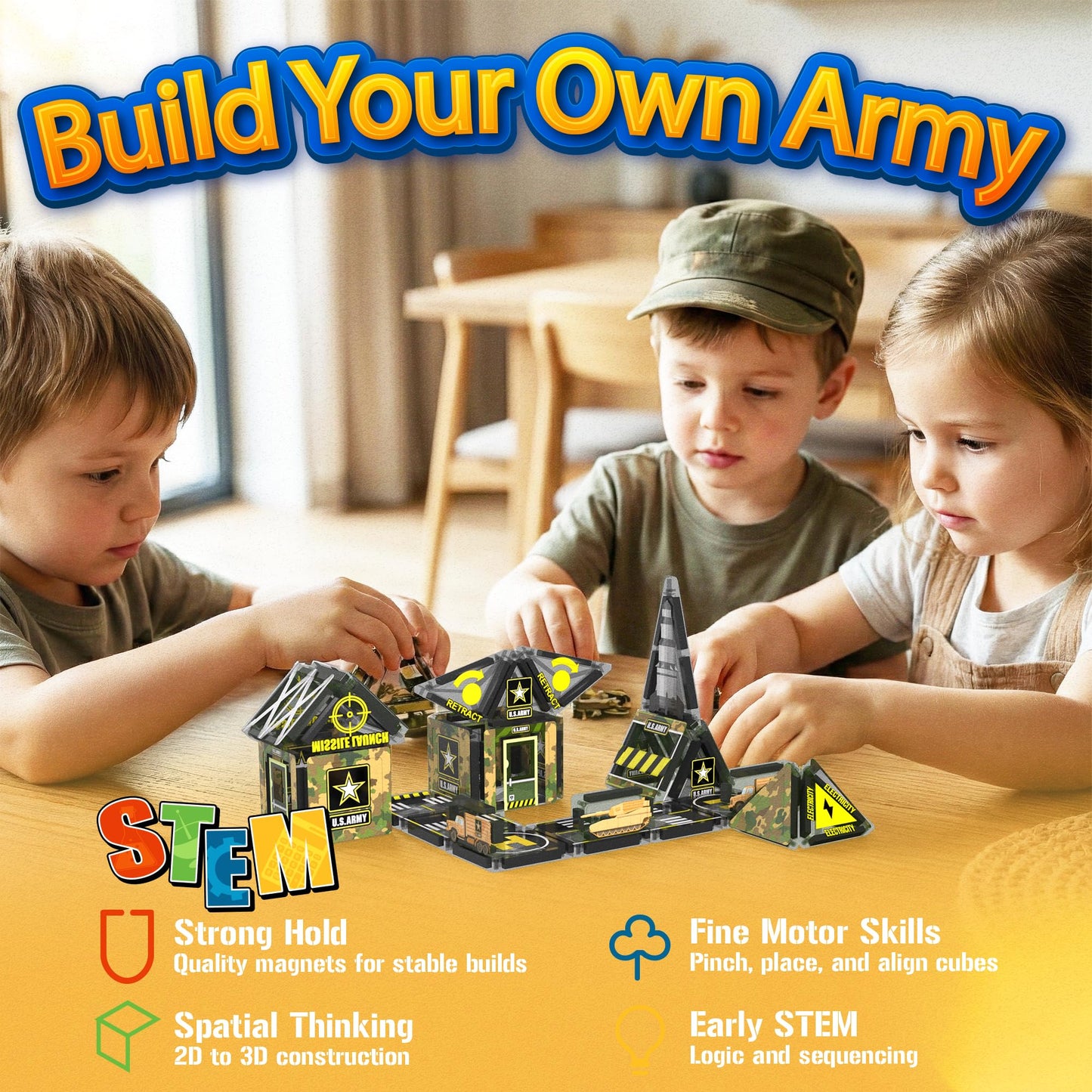 Maginoo 42PCS Mini Magnetic Tiles Army Base Travel Set | STEM Military Building Blocks for Kids 3-8