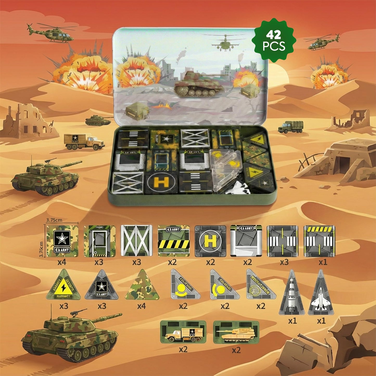 Maginoo 42PCS Mini Magnetic Tiles Army Base Travel Set | STEM Military Building Blocks for Kids 3-8