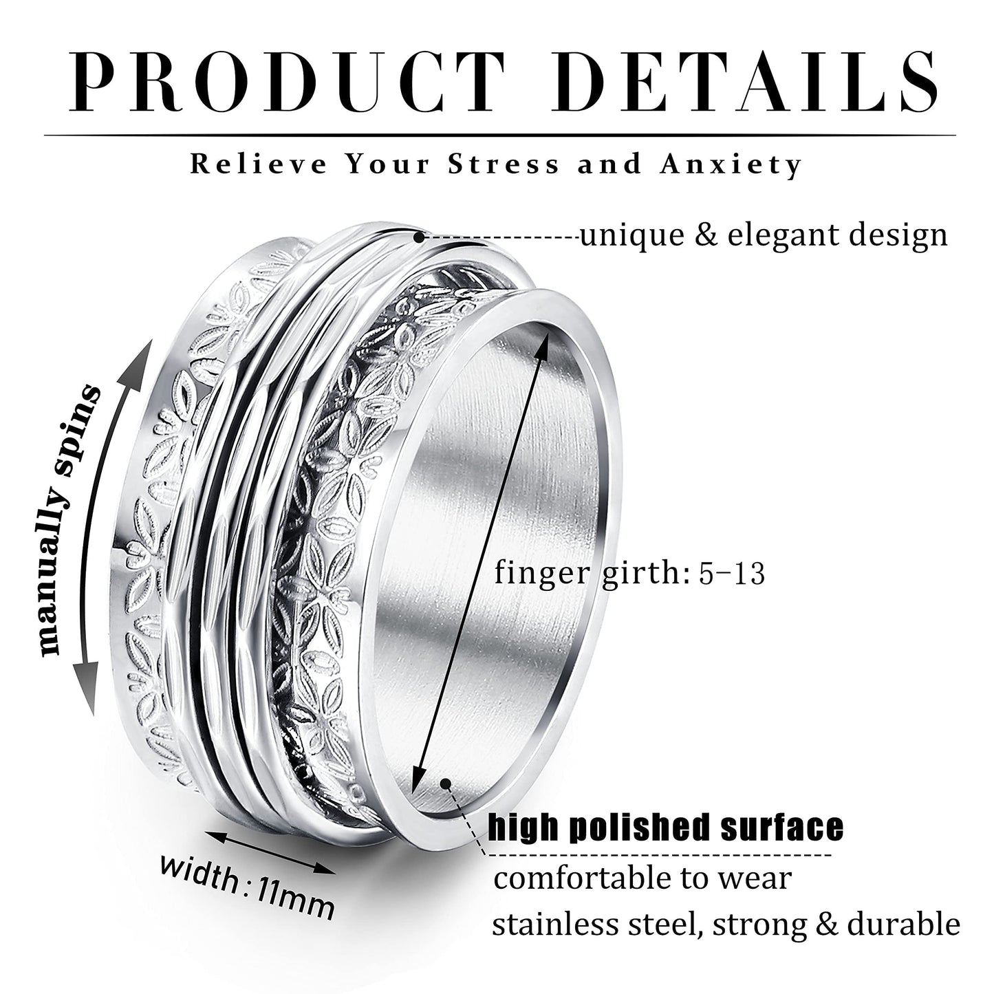 Magitaco Spinner Rings – Stainless Steel Anxiety Fidget Rings (Moon Star, Flower, Lunar Phase)