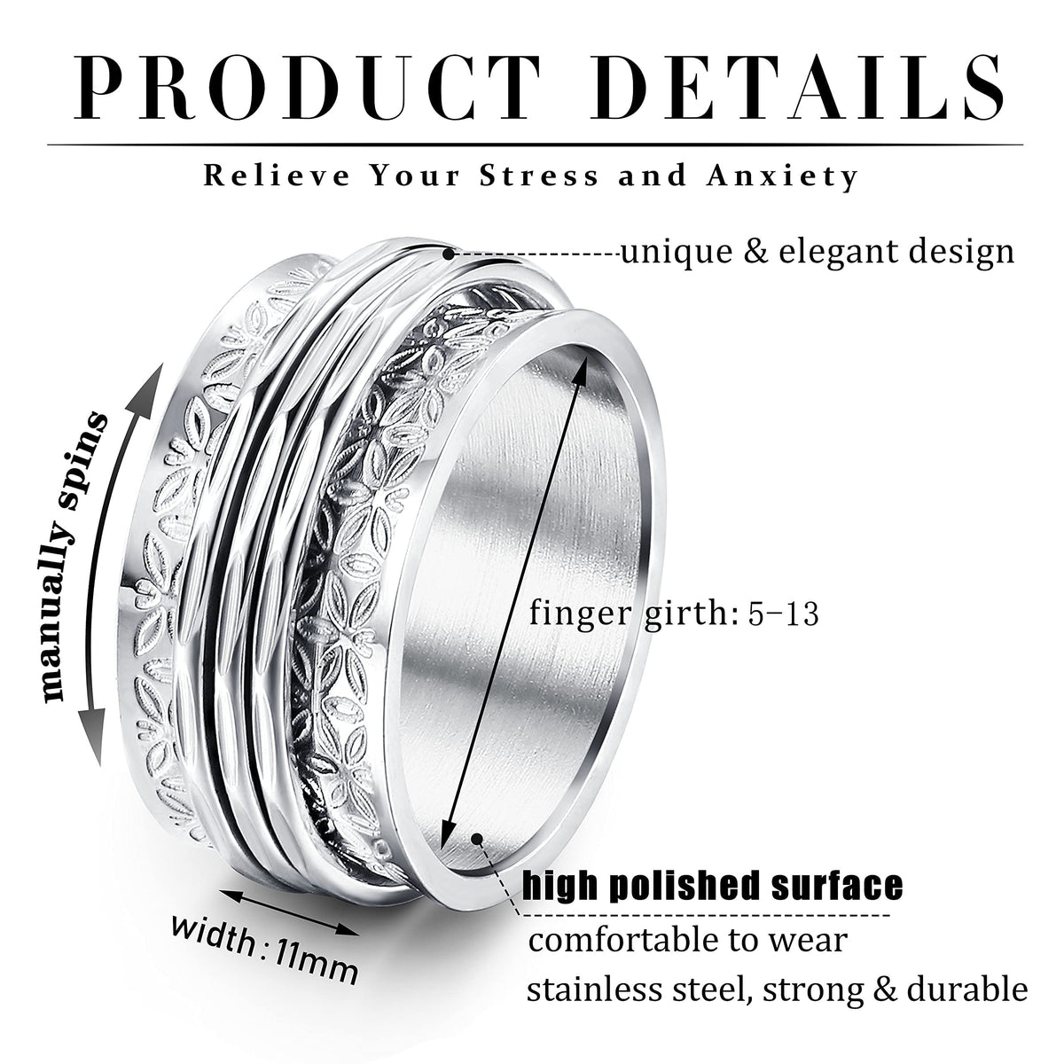 Magitaco Spinner Rings — Stainless Steel Anxiety Rings (12 Styles) Moon Star Flower Lunar Phase