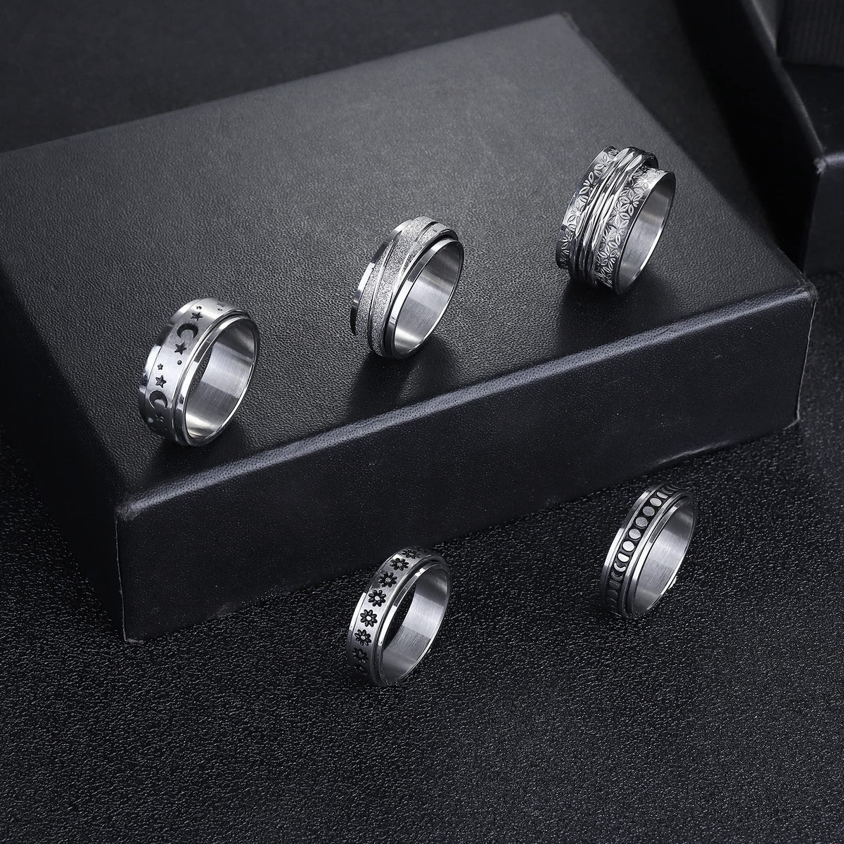 Magitaco Spinner Rings — Stainless Steel Anxiety Rings (12 Styles) Moon Star Flower Lunar Phase