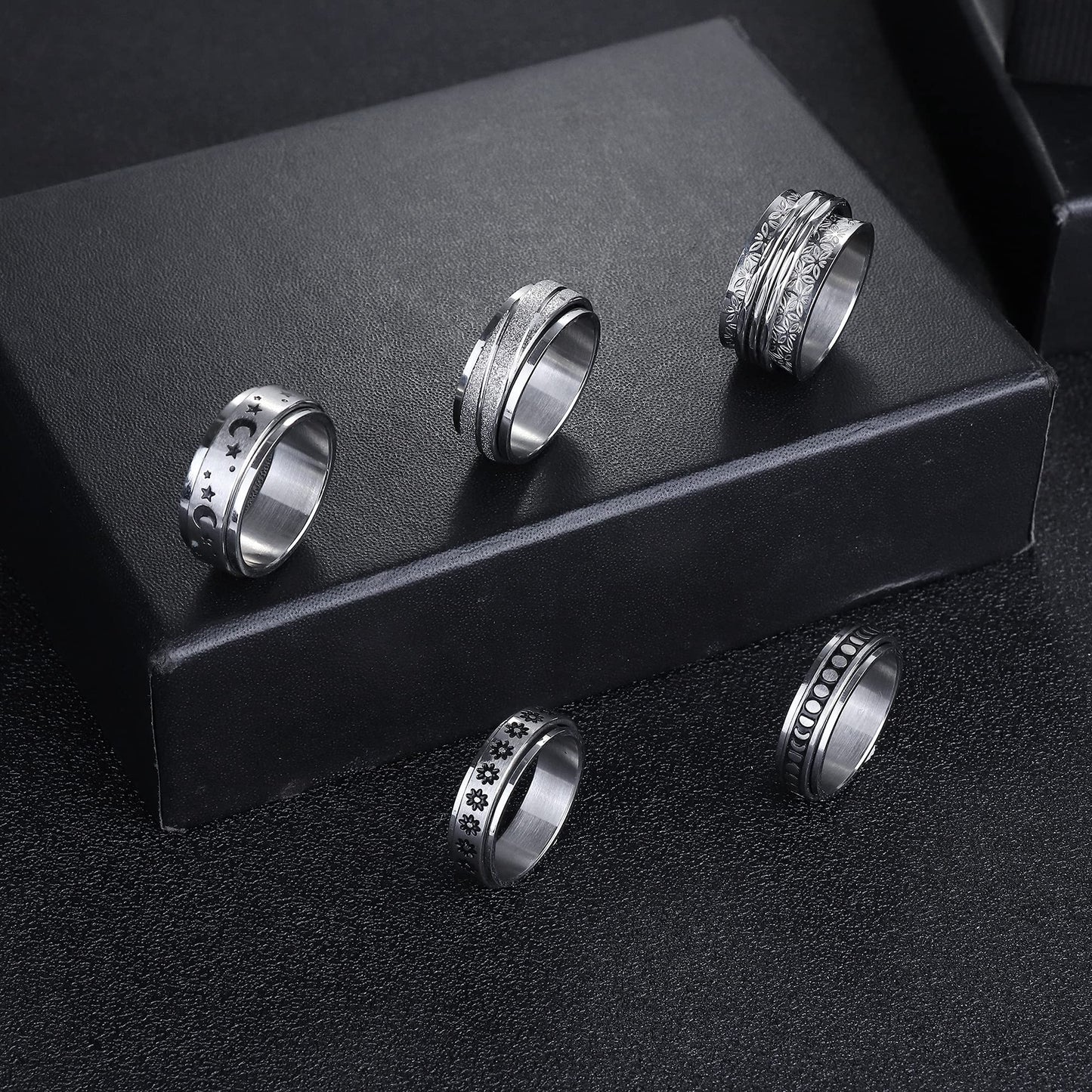 Magitaco Spinner Rings – Stainless Steel Anxiety Fidget Rings (Moon Star, Flower, Lunar Phase)