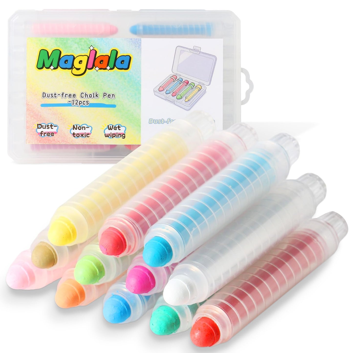 Maglala 12 Pcs Dustless Chalk Pens – Non-Toxic, Washable Kids Chalk Set